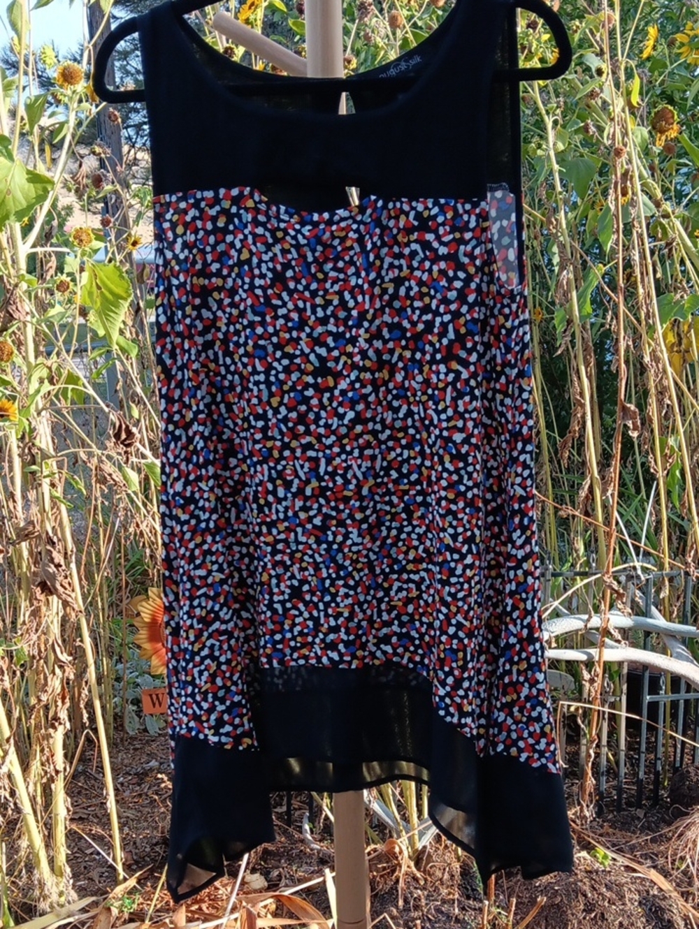 August Silk Black High-Low Top with Multicolor Dot Print